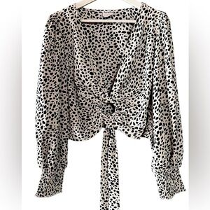 Leopard Print Peasant Crop Blouse Ring-Tie Elastic Waist & Wrist Arula Sexy Sz L